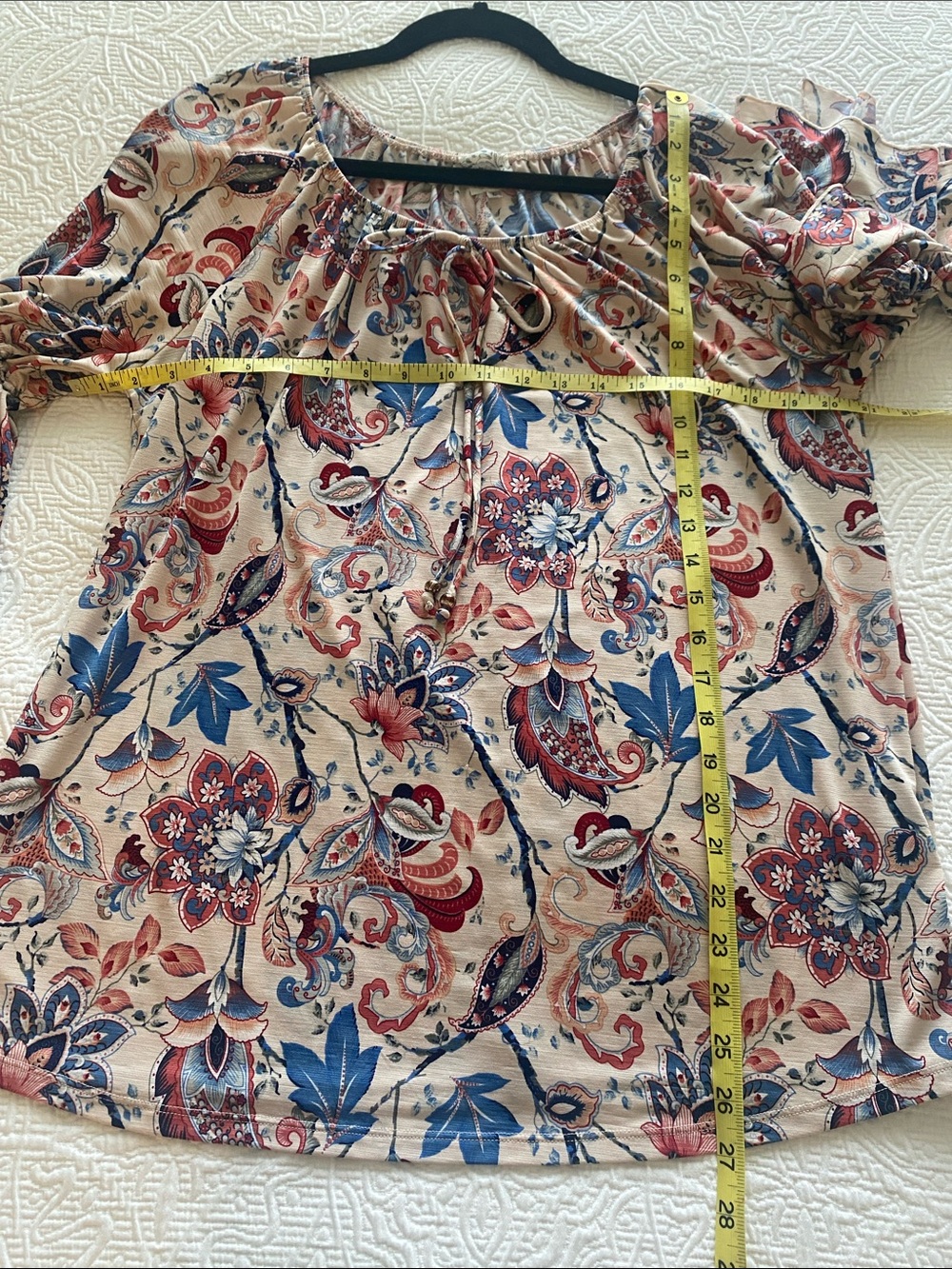NAIF Tunic Light Pink Blue Red Coral Floral & Paisley Tie-Neck Split Sleeve Sz L - Picture 11 of 11